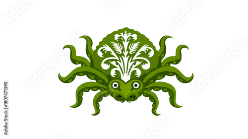 A stylized green octopus-crab hybrid with an ornate white foliate back pattern.