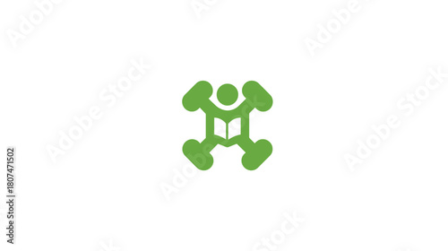Green figure reading book, arms and legs extended, on a white background