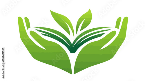 Stylized green hands embrace sprouting plant/open book, symbolizing nature, growth, care