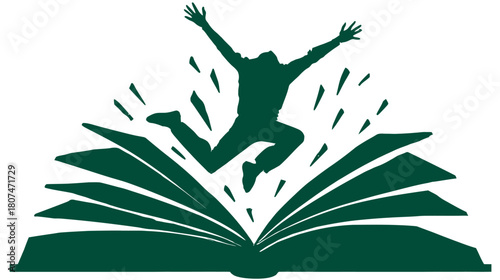 Green silhouette of a person jumping out of an open book, symbolizing freedom