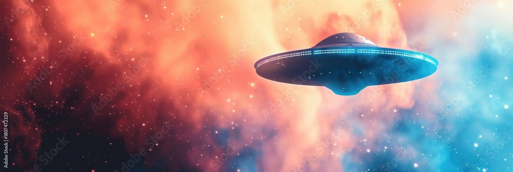 Obraz premium World Ufo Day, A futuristic flying saucer hovers in a colorful cosmic background filled with vibrant orange and blue nebulae. horizontal banner, copy space, free space for text