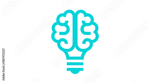 A minimalist cyan icon combining a human brain with a lightbulb on a white background