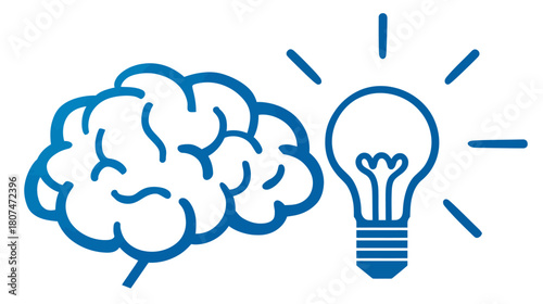 A blue line art graphic of a human brain next to a glowing lightbulb, isolated