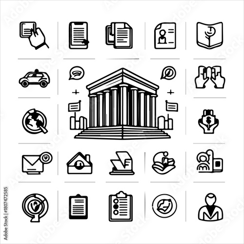 A Global Community 20 Social Policy Service Icons Symbol, Showcasing Inclusion and Justice in a Flat Design Minimalist Vector for Digital Welfare and Government Success Programs.