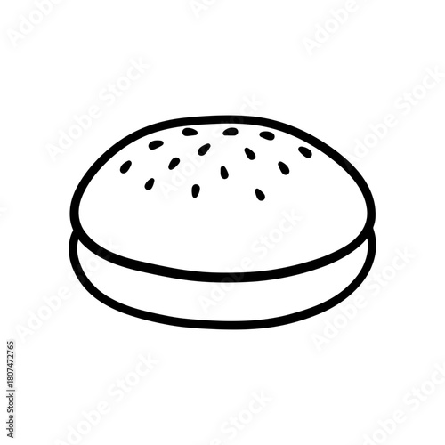 Fresh sesame seed burger bun line art, perfect for restaurant menus and food blogs. Classic style bakery item with a light and airy look for culinary designs.