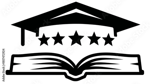 A book is topped with five stars and a graduation cap, all in black silhouette