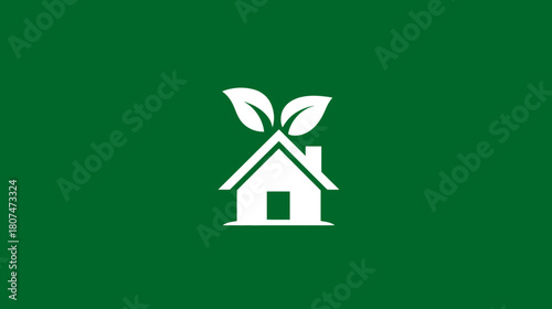 A white house silhouette with leaves on a green background, symbolizing eco-friendly housing