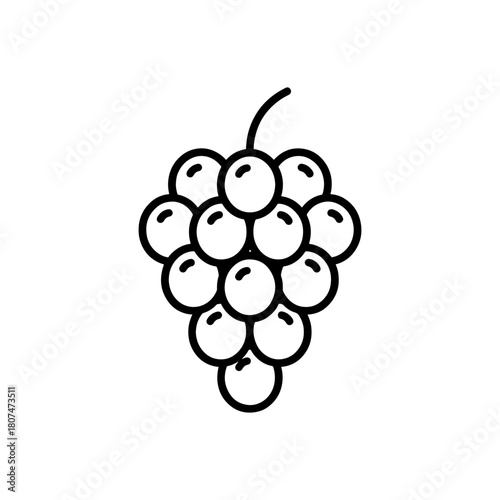 Illustration of a bunch of grapes with a stem in black and white outline style on a white background