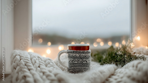 A collection of cozy winter drink scenes, featuring hot cocoa, mulled wine, and apple cider.