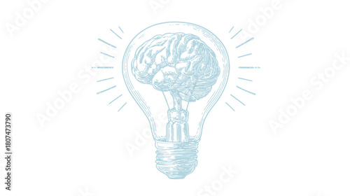 Detailed illustration of a human brain inside a glowing lightbulb, symbolizing ideas and thought