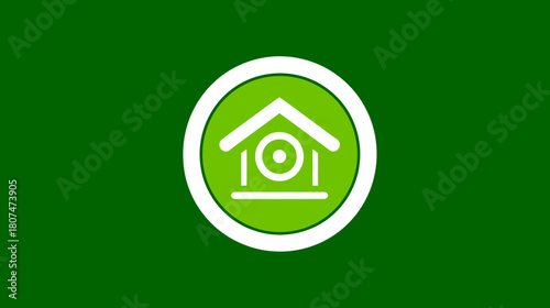 Minimalist home security icon with a house and lens on a green circular emblem