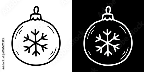 Bauble ornament with snowflake for Christmas, New Year, isolated vector image, two versions on transparent and black backgrounds, pencil drawing, chalk drawing
  