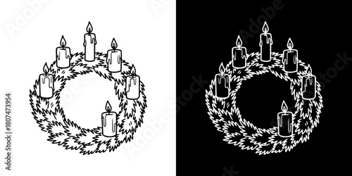 Advent wreath with candles in a decorative design for Christmas, New Year, isolated vector image, two versions on transparent and black backgrounds, pencil drawing, chalk drawing
  