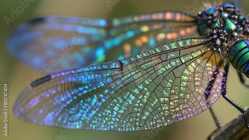 Close up of a vibrant dragonfly wing displaying iridescent colors and intricate patterns