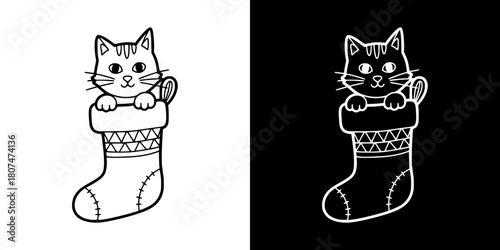 Cat sitting in Christmas stocking, isolated vector image, two versions on transparent and black backgrounds, pencil drawing, chalk drawing
