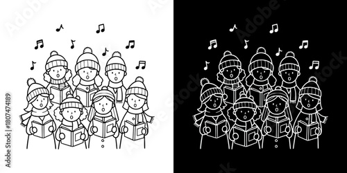 Caroling choir of children singing holiday songs in winter clothing, Christmas, New Year, isolated vector image, two versions on transparent and black backgrounds, pencil drawing, chalk drawing
 