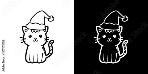 Cat wearing a Santa hat illustration for Christmas, New Year, isolated vector image, two versions on transparent and black backgrounds, pencil drawing, chalk drawing
  