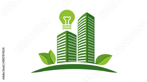 A graphic of green skyscrapers with a lightbulb and leaves on a white background
