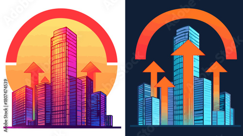 Cityscape illustration with rising arrows against a colorful backdrop, day and night version