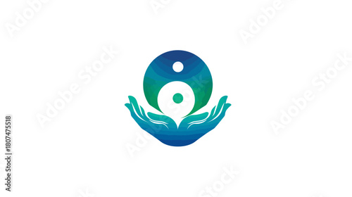 Stylized cupped hands in blue and green holding an abstract circular symbol