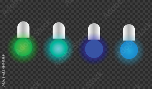 Four glowing light bulbs in green blue and turquoise colors on a dark background