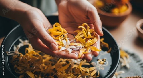 Woman holding vibrant yellow ylang-ylang flowers in her hands with clear water, promoting natural beauty and aromatherapy. Spa wellness and relaxation scene.