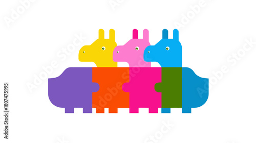 Three colorful cartoon llama heads atop a puzzle of different colored shapes