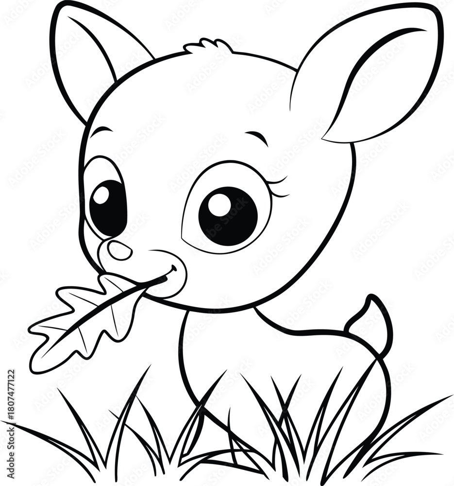 Fototapeta premium Cute Cartoon Fawn Eating Leaf in Simple Line Art Drawing for Kids Coloring Activities