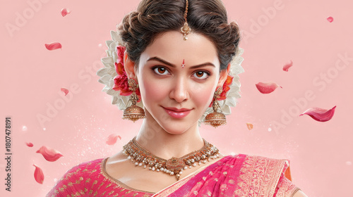 Young woman in traditional Indian attire wearing ornate jewelry and jasmine flowers in her hair, soft pink background with falling petals and serene radiant expression