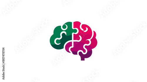 Abstract, stylized brain illustration featuring puzzle-piece shaped green & magenta sections