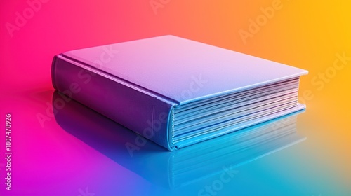 Blank book lies on reflective surface; vibrant gradient backdrop