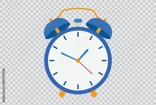 Vector illustration of a classic blue alarm clock with bold hour markers and ringing bells, symbolizing time, deadlines, punctuality, and morning reminders on a transparent background
