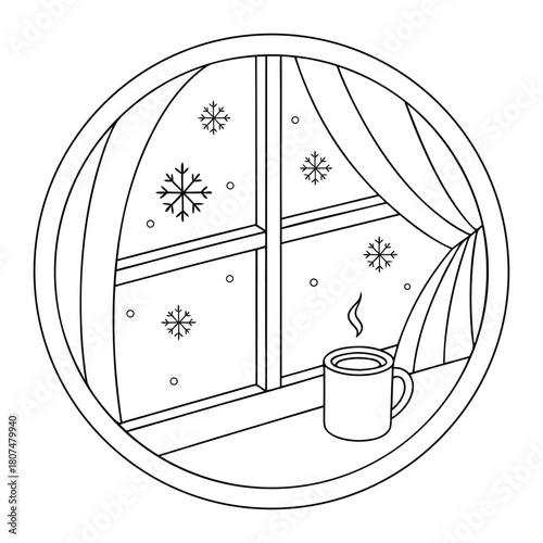 Black and white illustration of a steaming mug on a windowsill with snowflakes outside winter