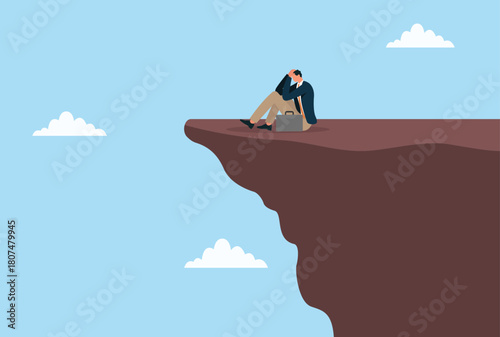 Vector illustration of a stressed businessman sitting alone on the edge of a cliff, symbolizing pressure, burnout, and the feeling of being at a breaking point in his professional life
