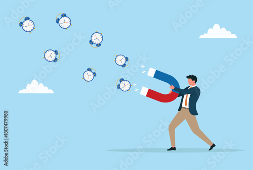 Vector illustration of a businessman using a giant magnet to attract clocks, symbolizing time management, productivity, and the effort to gain control over valuable time
