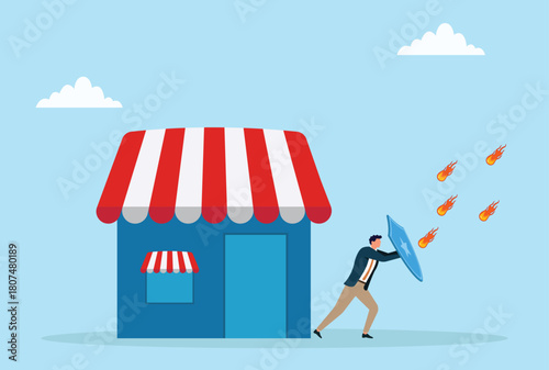 Vector illustration of a businessman using a shield to protect a small shop from incoming threats, symbolizing business protection, risk management, and safeguarding against challenges
