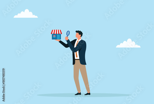 Vector illustration of a businessman examining a small shop with a magnifying glass, symbolizing business analysis, evaluation, and careful inspection of opportunities

