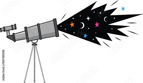 Cartoon Telescope Looking into Starry Night Sky Vector Illustration, Astronomy and Discovery Concept.