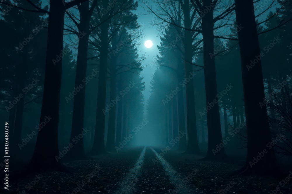 Naklejka premium Enigmatic moonlit path through a misty forest at night, a mysterious journey into the unknown.