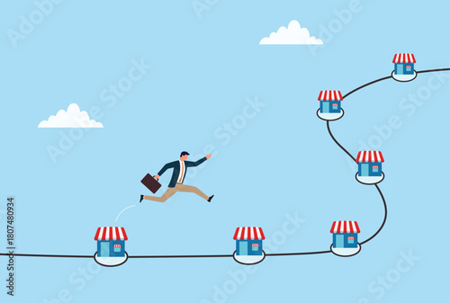 Vector illustration of a businessman leaping between multiple small shops along a connected path, symbolizing business expansion, multi-store growth, entrepreneurship, and strategic progress
