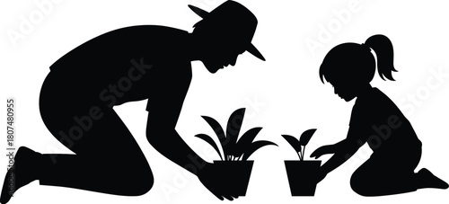 Gardening silhouette, adult and child, planting activity, nurturing moment, black and white, nature care, family bond, peaceful, teaching, growth