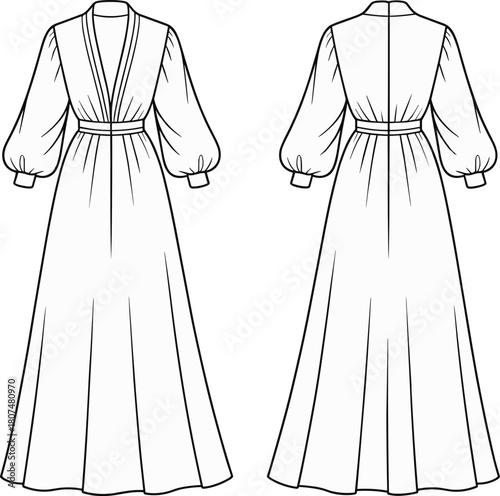 Elegant, pleated, long dress, fashion illustration, bishop sleeves, V-neckline, technical sketch, garment design, couture, runway, silhouette, stylish, detailed, back view, front view, flared skirt, w