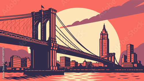 Retro NYC sunset with Brooklyn Bridge silhouette
