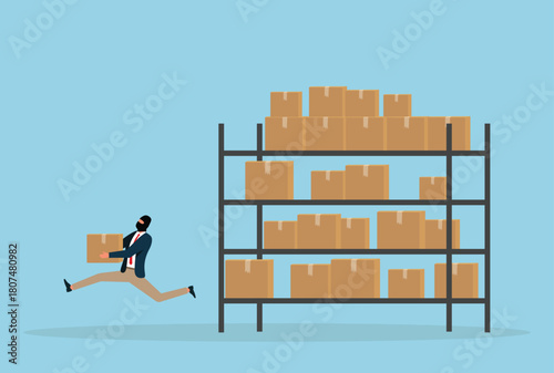 Vector illustration of a masked thief running away from a warehouse with a cardboard box, depicting theft, burglary, crime, and warehouse security breach

