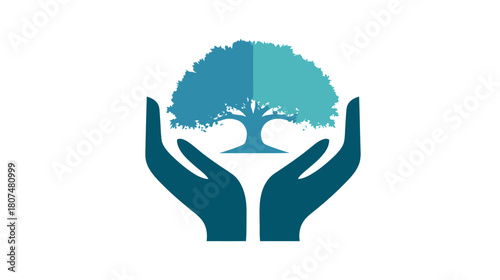 Graphic of cupped hands holding a two-tone tree, symbolizing care or environmental support