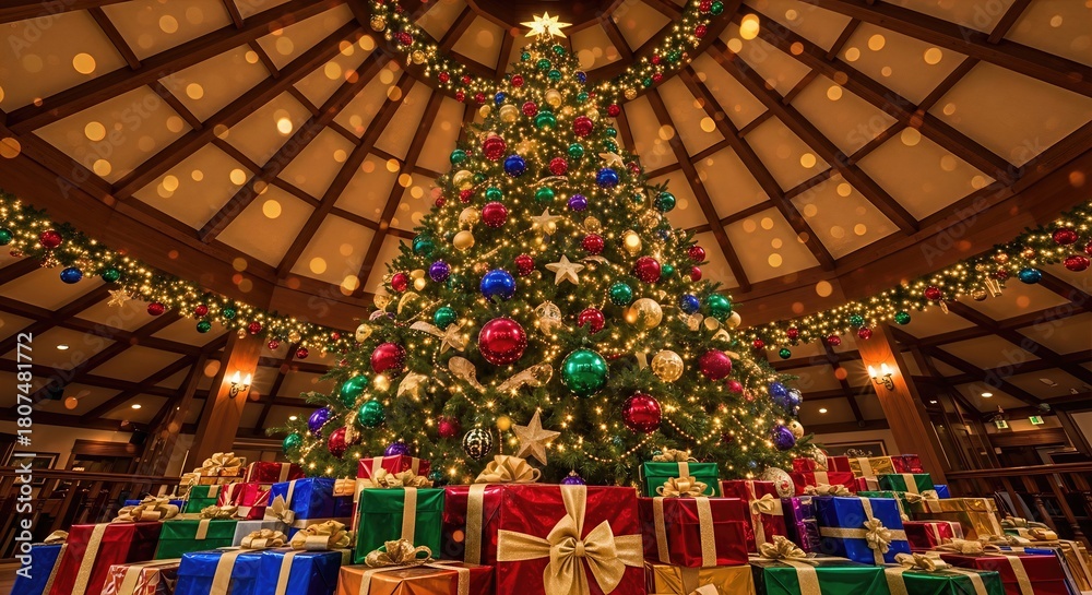 Fototapeta premium Wide Angle Christmas Tree Surrounded by Wrapped Presents Viewed from Below with Golden Hour Warm Light
