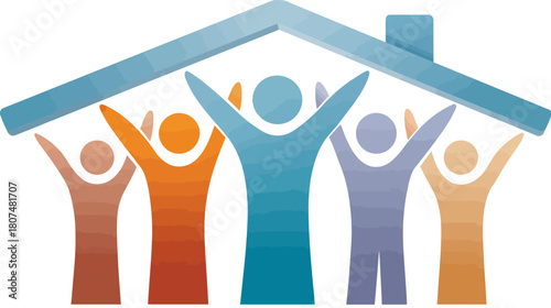 A watercolor illustration of diverse figures supporting a house-shaped roof together