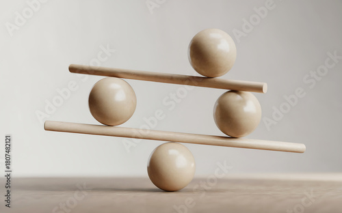 A precarious balancing act with wooden sticks and spheres, illustrating the concept of equilibrium, stability, and careful management of delicate situations
