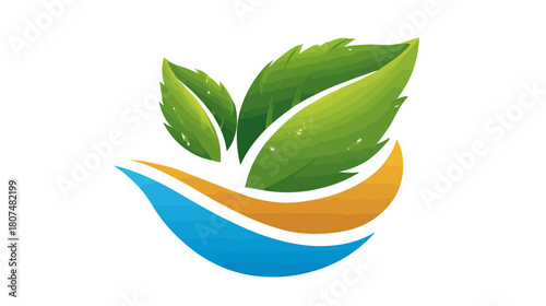 A stylized nature-inspired graphic featuring vibrant green leaves above blue and gold curved shapes