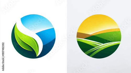 Twin spheres display nature scenes water/leaf and agrarian landscape on plain background
